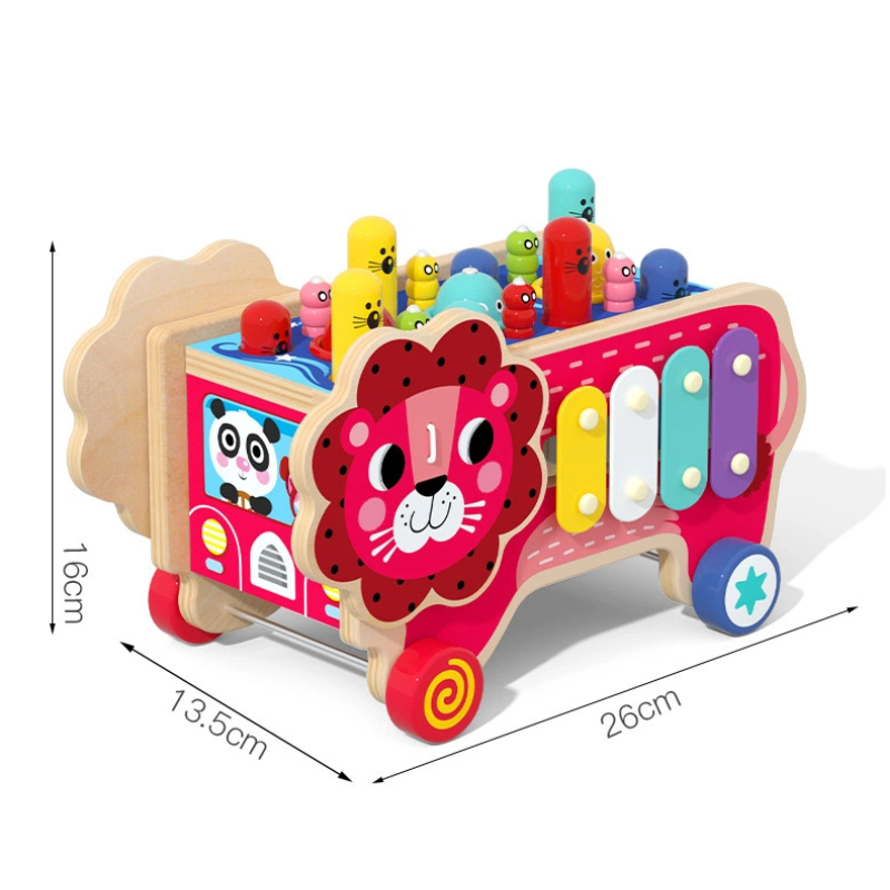 Wooden Lion Activity Car – Multifunctional Montessori Educational Toy for Toddlers | Wholesale Wooden Toy Supplier