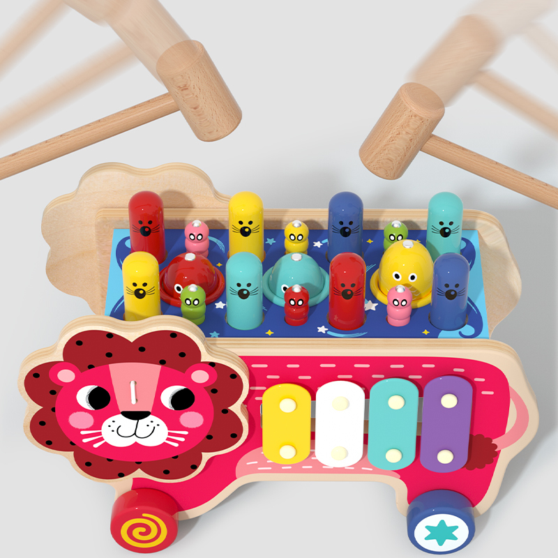 Wooden Lion Activity Car – Multifunctional Montessori Educational Toy for Toddlers | Wholesale Wooden Toy Supplier