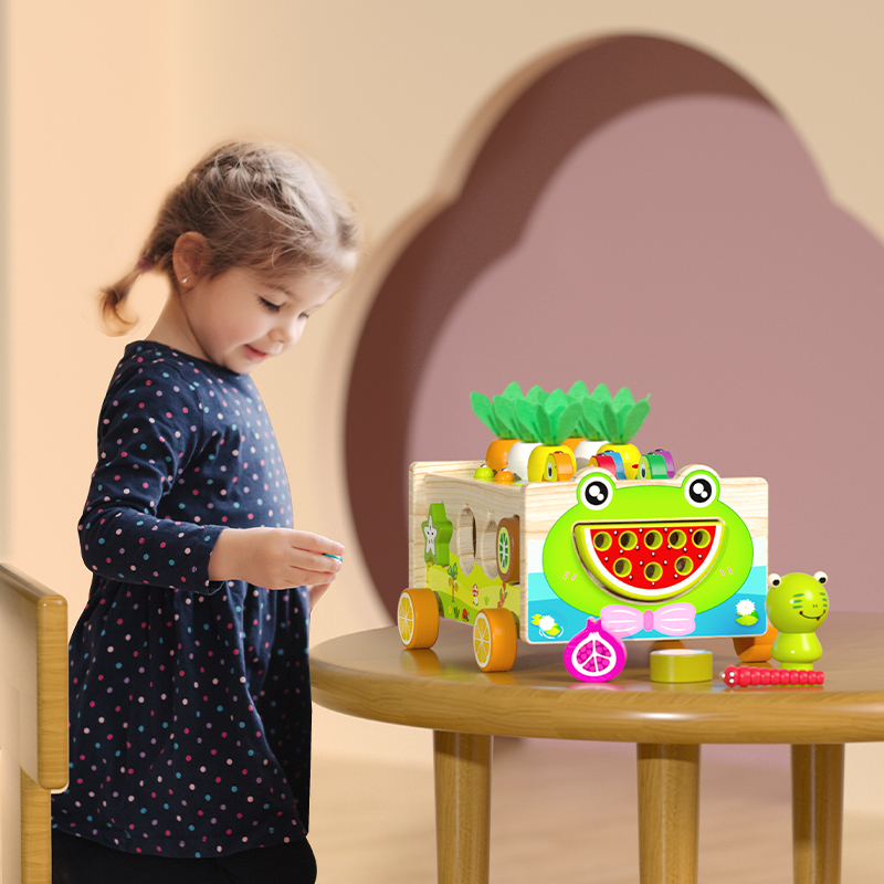 Frog Pond Farm Trailer – Multi-Game Wooden Push Cart for Fishing, Vegetable Pulling & Fruit Shape Matching