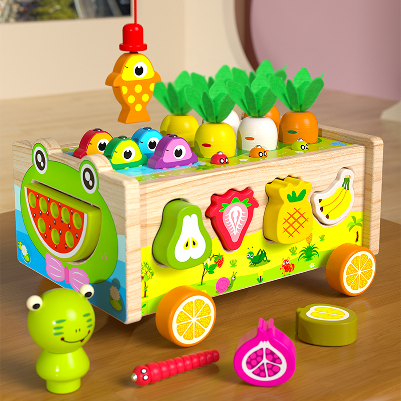 Frog Pond Farm Trailer – Multi-Game Wooden Push Cart for Fishing, Vegetable Pulling & Fruit Shape Matching