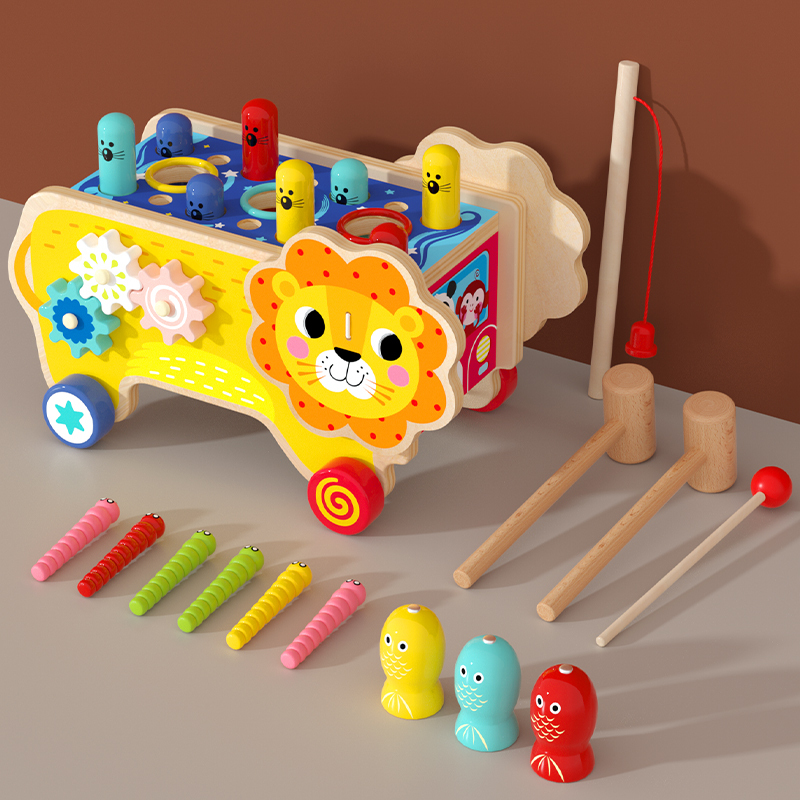 Wooden Lion Activity Car – Multifunctional Montessori Educational Toy for Toddlers | Wholesale Wooden Toy Supplier