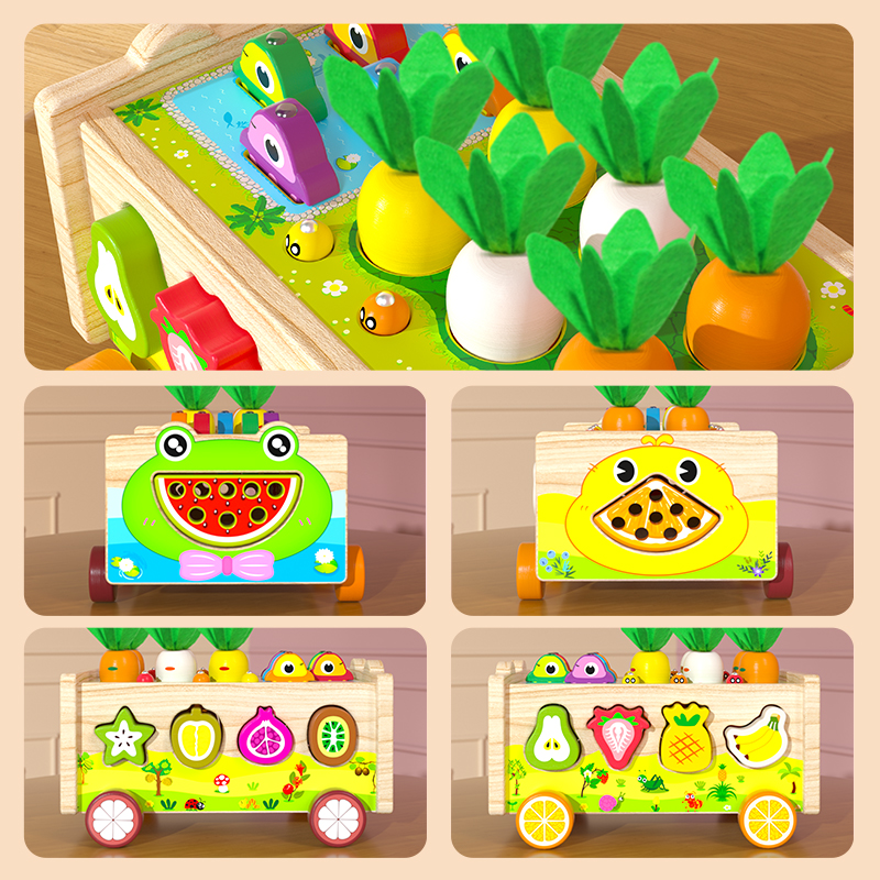 Frog Pond Farm Trailer – Multi-Game Wooden Push Cart for Fishing, Vegetable Pulling & Fruit Shape Matching