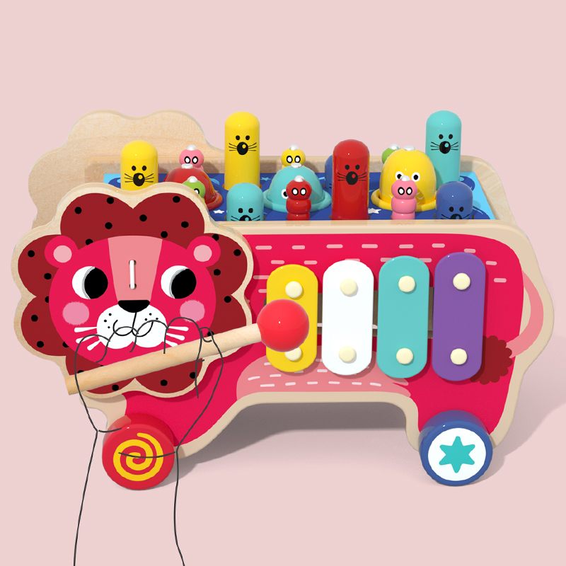 Wooden Lion Activity Car – Multifunctional Montessori Educational Toy for Toddlers | Wholesale Wooden Toy Supplier