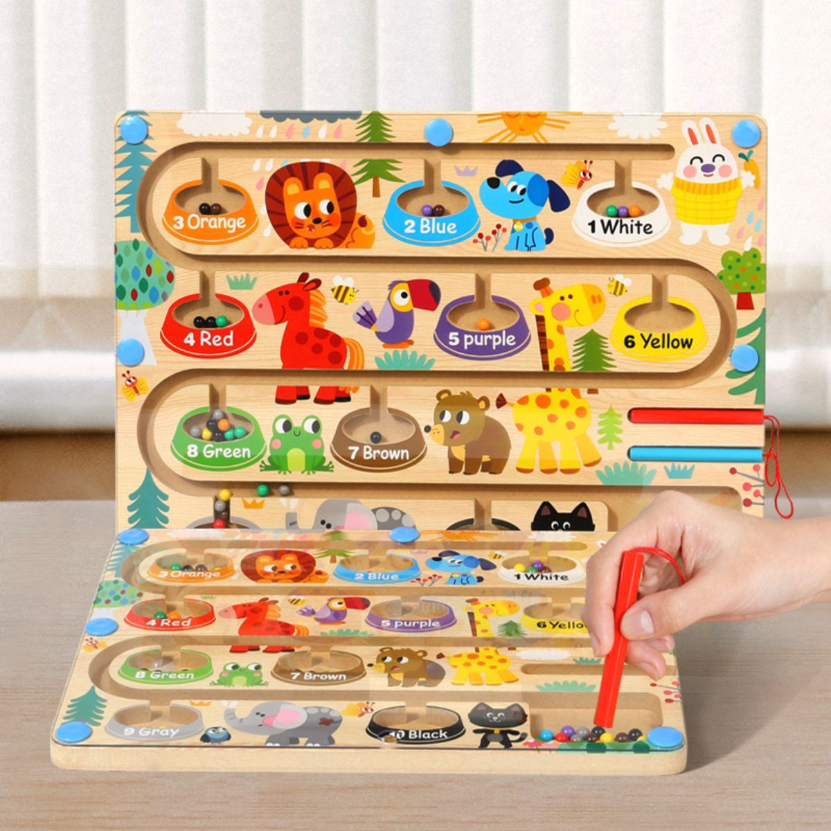 Wooden toy for learning fine motor skills, magnetic maze for colors and numbers, suitable for young children and preschoolers.