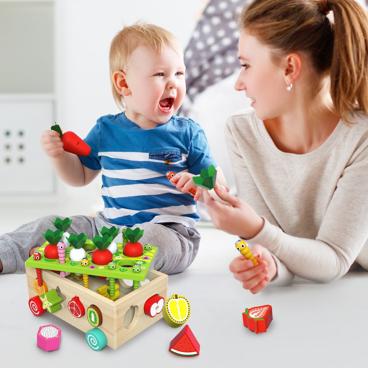 Wooden Montessori educational toy for children, shape sorting game, suitable for ages 2 to 4, shape and size matching game, carrot harvesting game for developing fine motor skills.