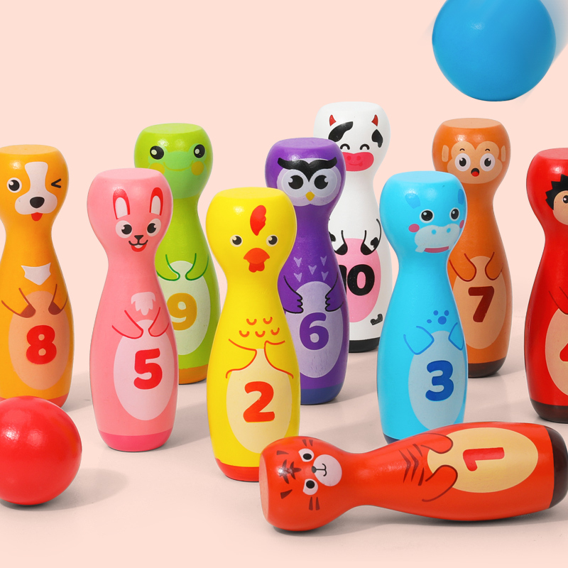 Wooden Number Bowling Toy Set with Animal Pins