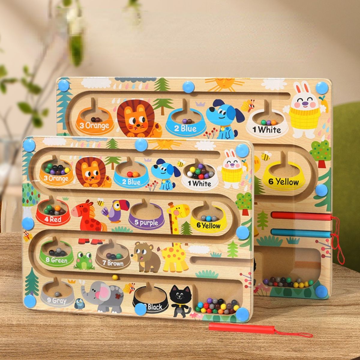 Wooden toy for learning fine motor skills, magnetic maze for colors and numbers, suitable for young children and preschoolers.