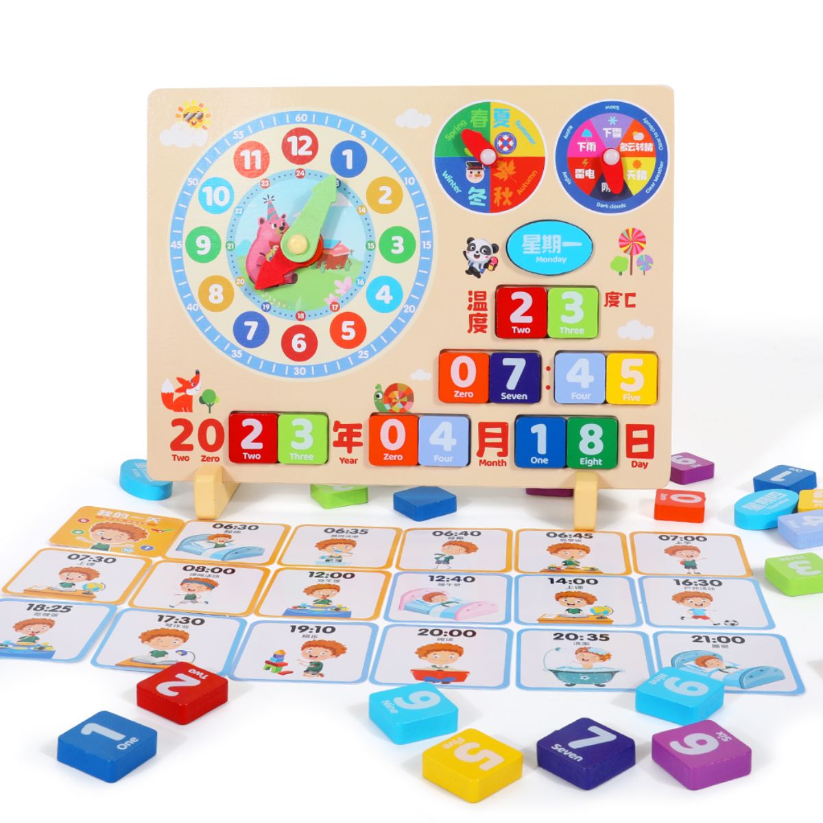 A wooden learning clock for children, suitable for kids aged 3 and up, to learn about seasons, months, days, and time. An educational toy