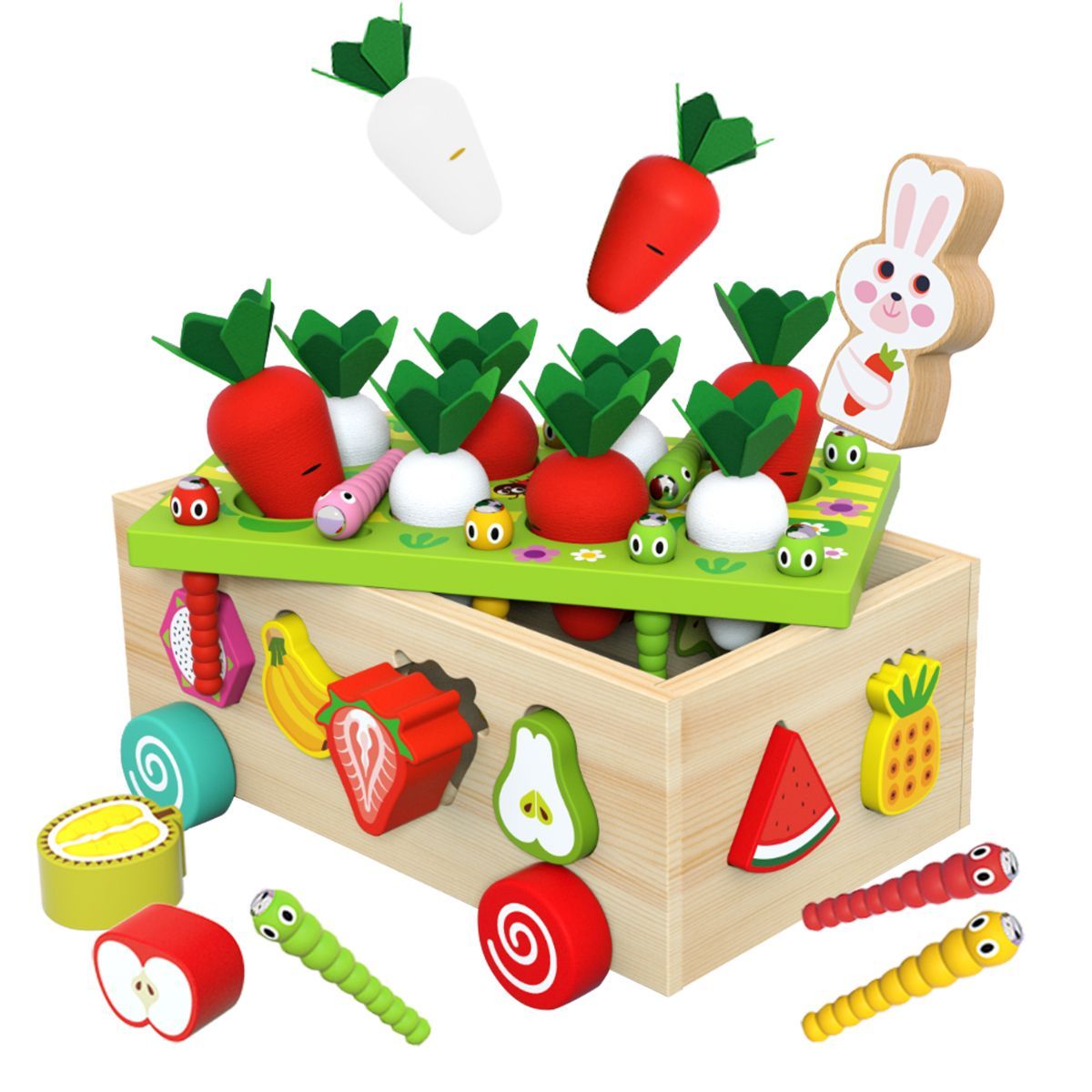 Wooden Montessori educational toy for children, shape sorting game, suitable for ages 2 to 4, shape and size matching game, carrot harvesting game for developing fine motor skills.