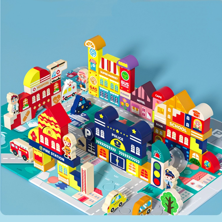 100-Piece Wooden City Scene Building Blocks | Educational Montessori Construction Toy Set for Wholesale & OEM