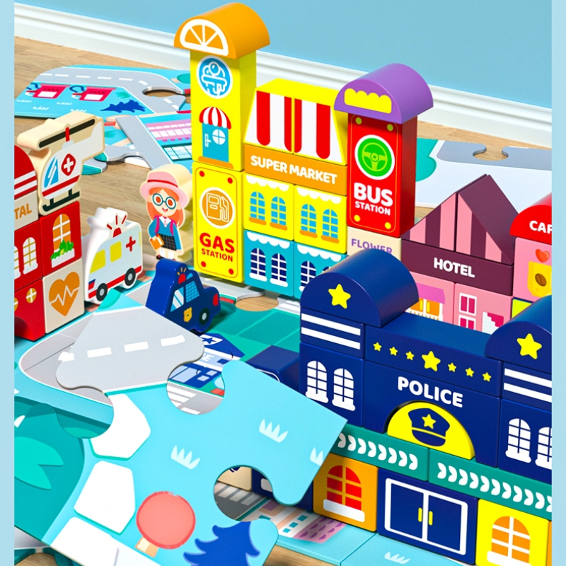 100-Piece Wooden City Scene Building Blocks | Educational Montessori Construction Toy Set for Wholesale & OEM
