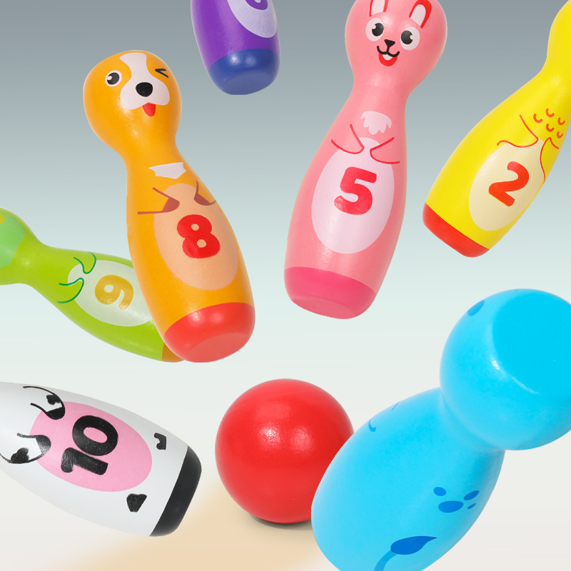Wooden Number Bowling Toy Set with Animal Pins