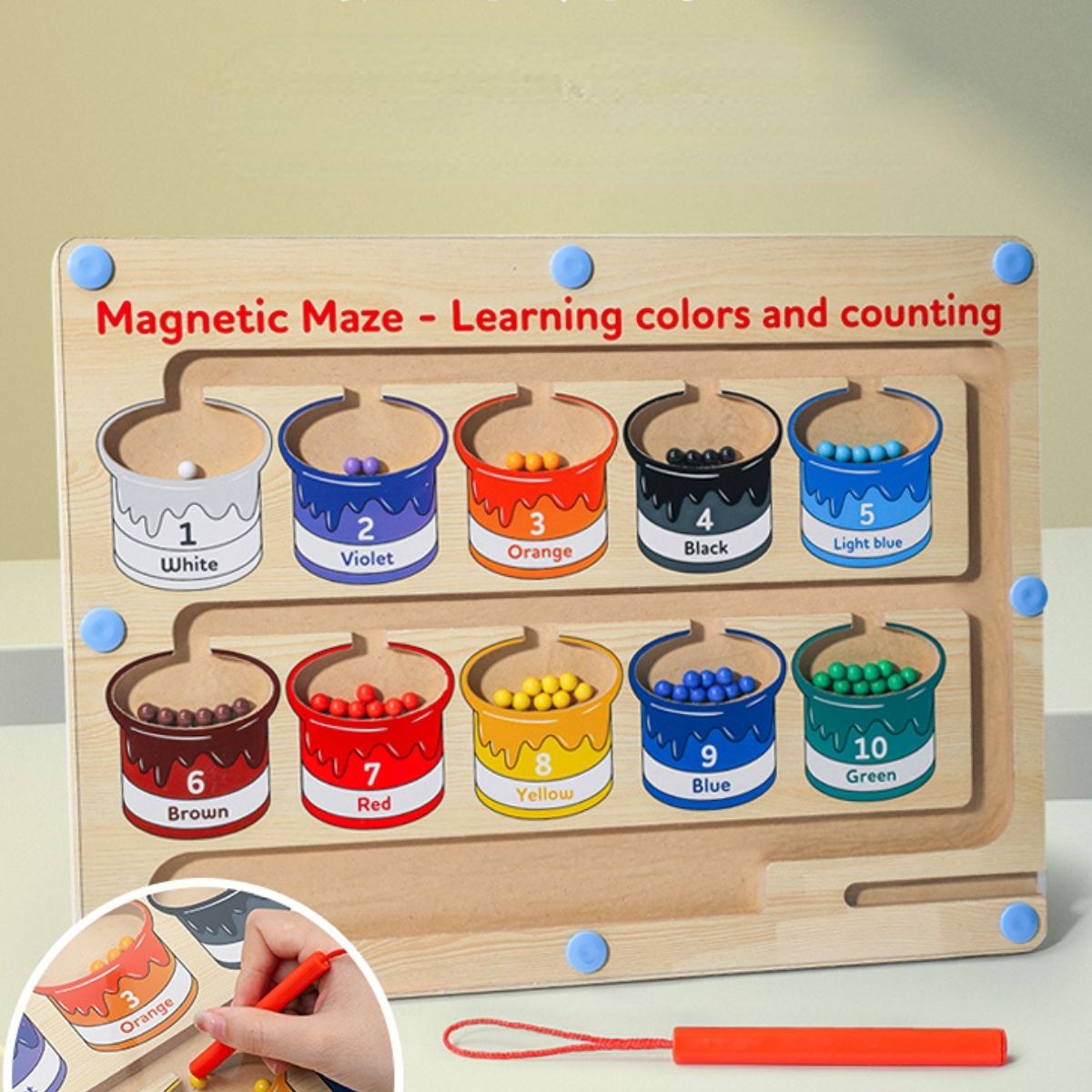 The wooden toy for learning fine motor skills is a magnetic maze designed for colors and numbers, suitable for young children and preschoolers.