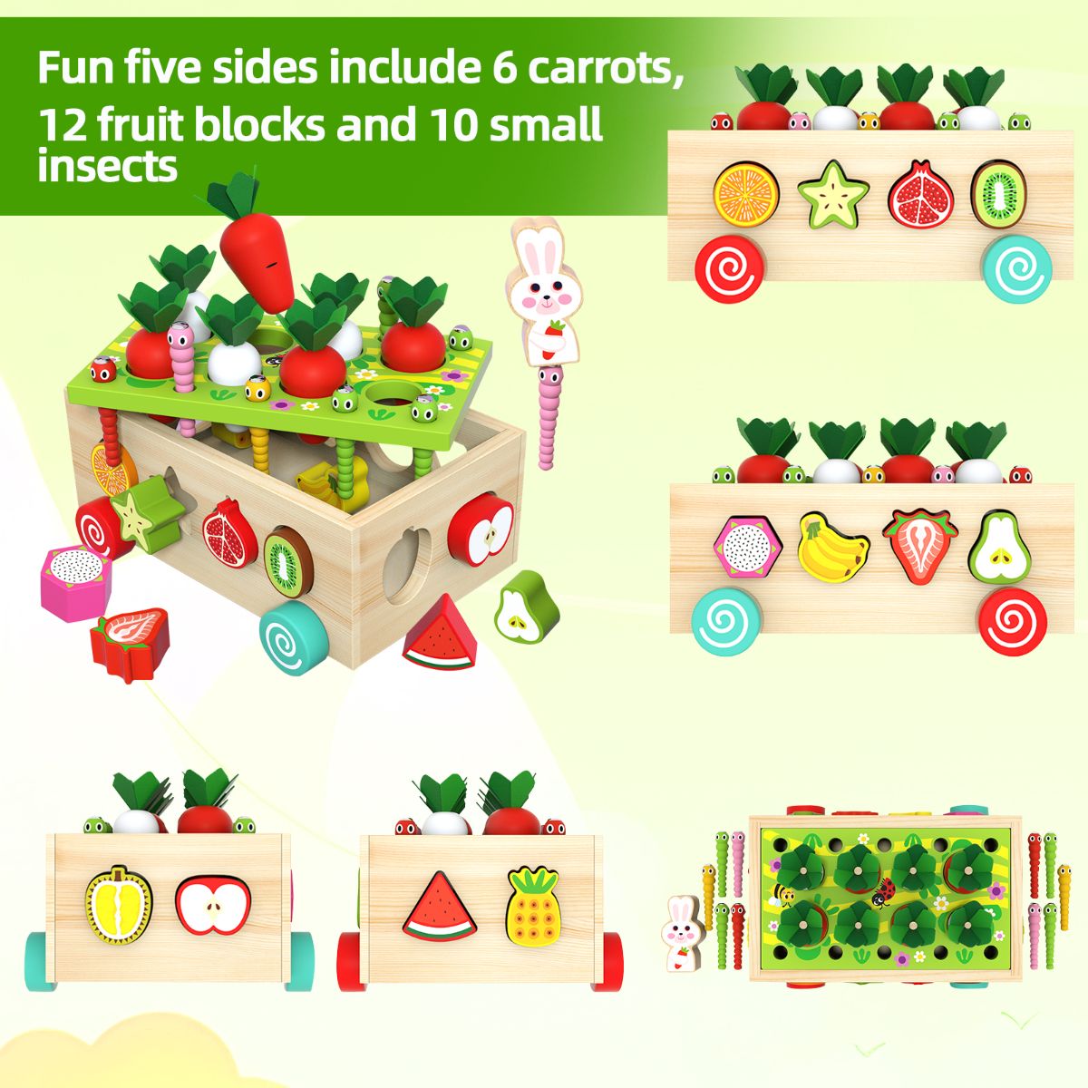 Wooden Montessori educational toy for children, shape sorting game, suitable for ages 2 to 4, shape and size matching game, carrot harvesting game for developing fine motor skills.