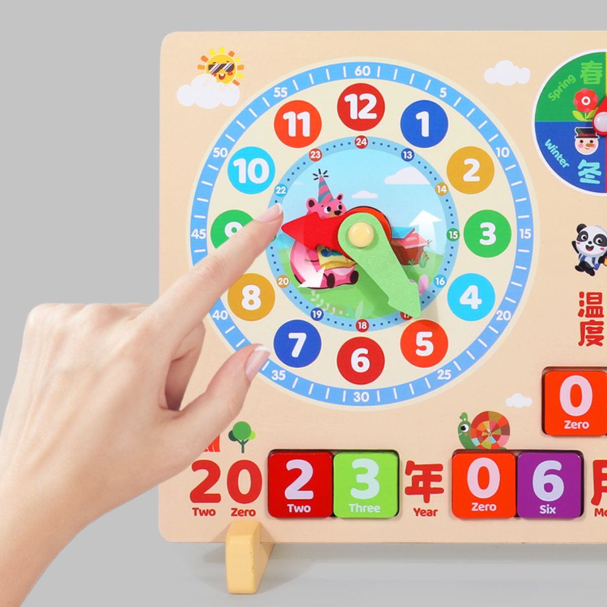 A wooden learning clock for children, suitable for kids aged 3 and up, to learn about seasons, months, days, and time. An educational toy