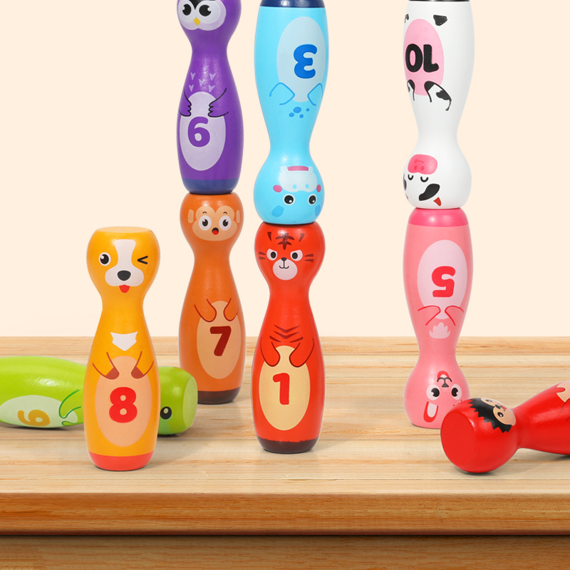 Wooden Number Bowling Toy Set with Animal Pins