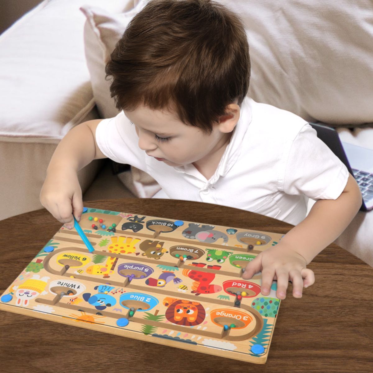 Wooden toy for learning fine motor skills, magnetic maze for colors and numbers, suitable for young children and preschoolers.