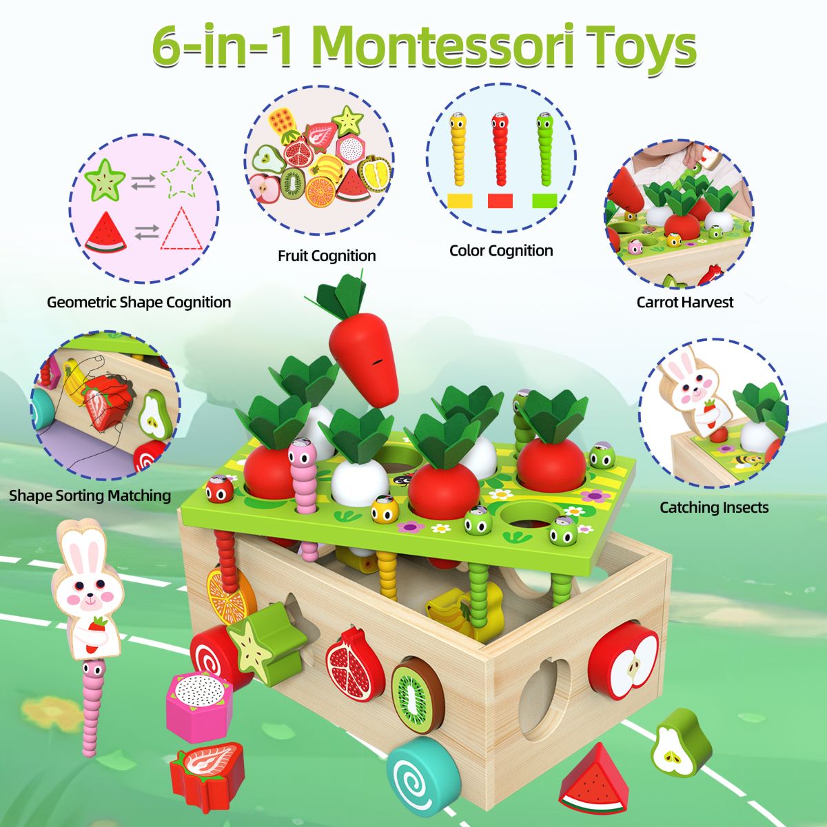 Wooden Montessori educational toy for children, shape sorting game, suitable for ages 2 to 4, shape and size matching game, carrot harvesting game for developing fine motor skills.