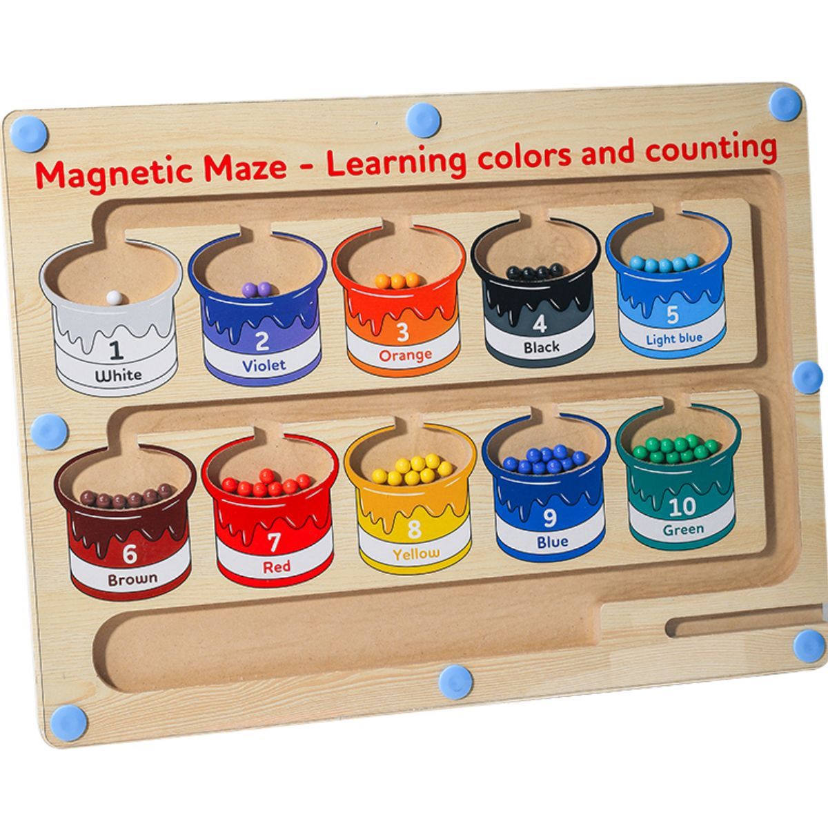 The wooden toy for learning fine motor skills is a magnetic maze designed for colors and numbers, suitable for young children and preschoolers.