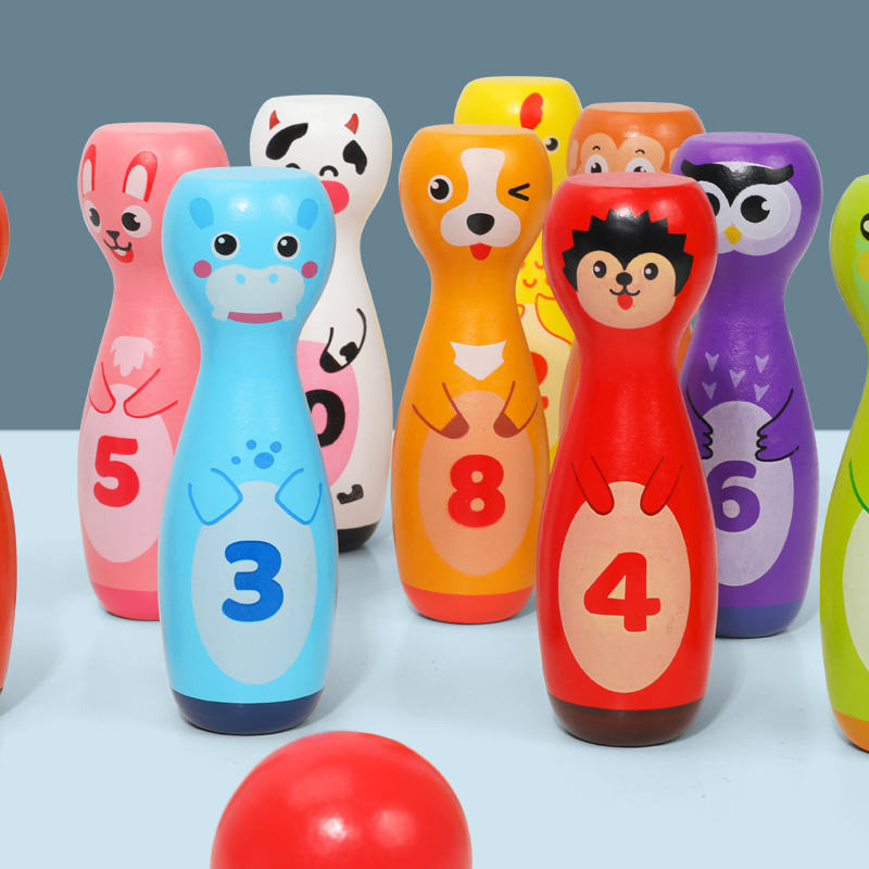 Wooden Number Bowling Toy Set with Animal Pins