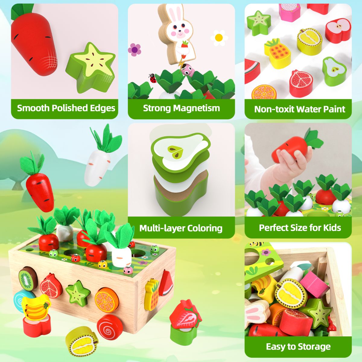 Wooden Montessori educational toy for children, shape sorting game, suitable for ages 2 to 4, shape and size matching game, carrot harvesting game for developing fine motor skills.