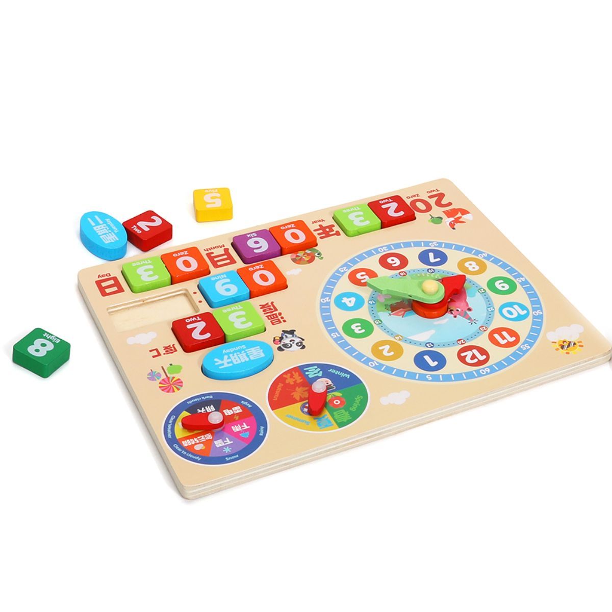 A wooden learning clock for children, suitable for kids aged 3 and up, to learn about seasons, months, days, and time. An educational toy