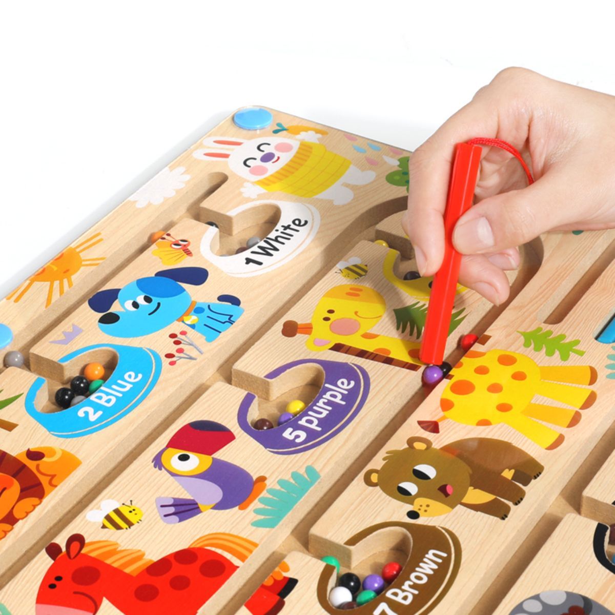 Wooden toy for learning fine motor skills, magnetic maze for colors and numbers, suitable for young children and preschoolers.