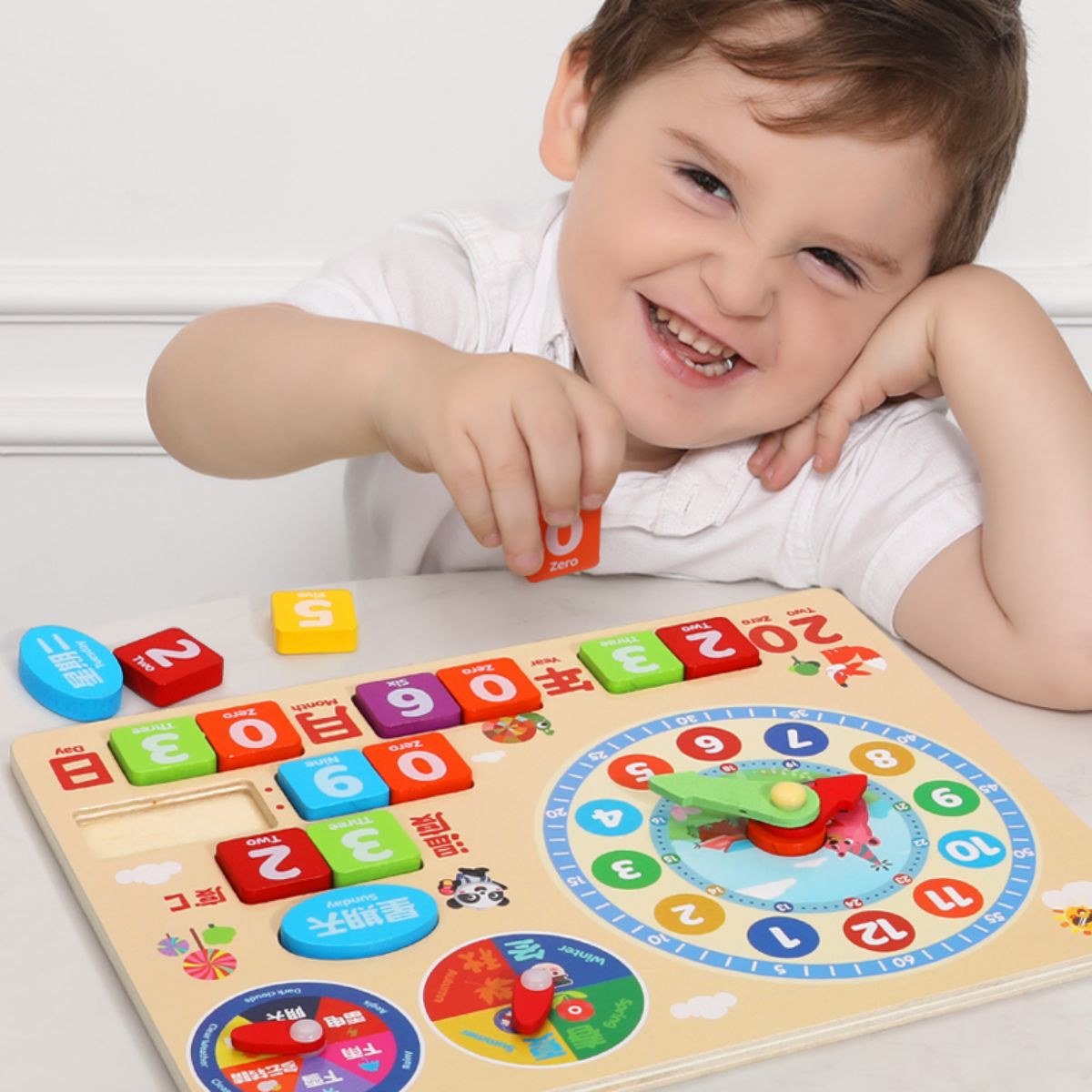 A wooden learning clock for children, suitable for kids aged 3 and up, to learn about seasons, months, days, and time. An educational toy
