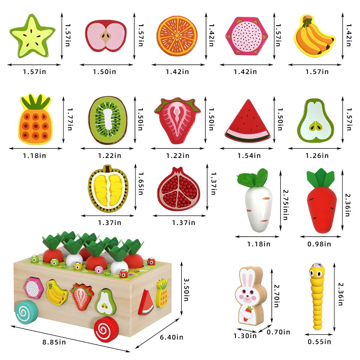 Wooden Montessori educational toy for children, shape sorting game, suitable for ages 2 to 4, shape and size matching game, carrot harvesting game for developing fine motor skills.