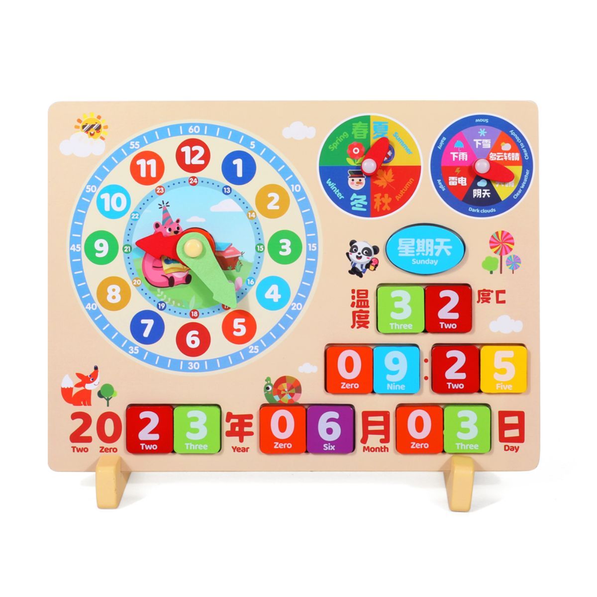 A wooden learning clock for children, suitable for kids aged 3 and up, to learn about seasons, months, days, and time. An educational toy
