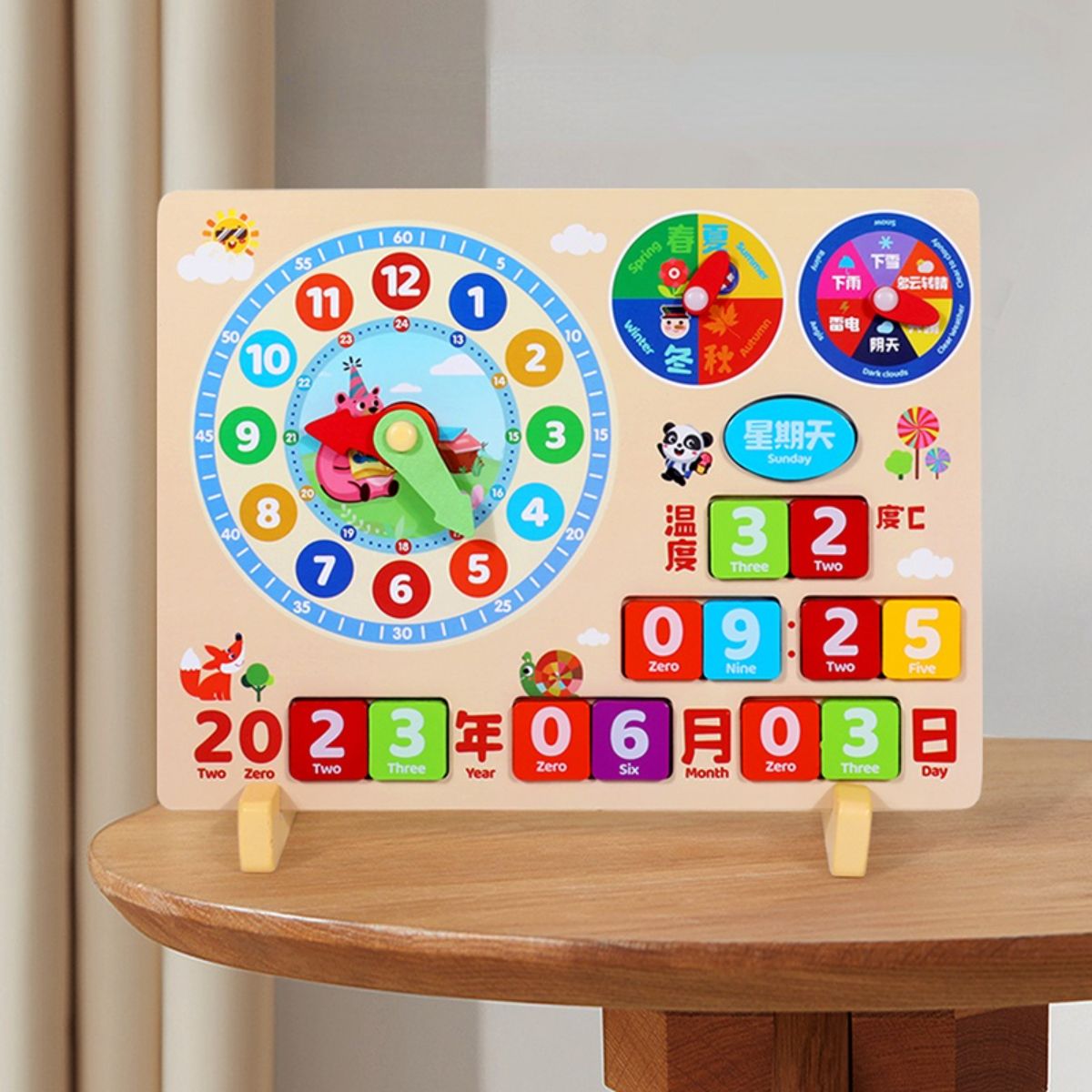 A wooden learning clock for children, suitable for kids aged 3 and up, to learn about seasons, months, days, and time. An educational toy