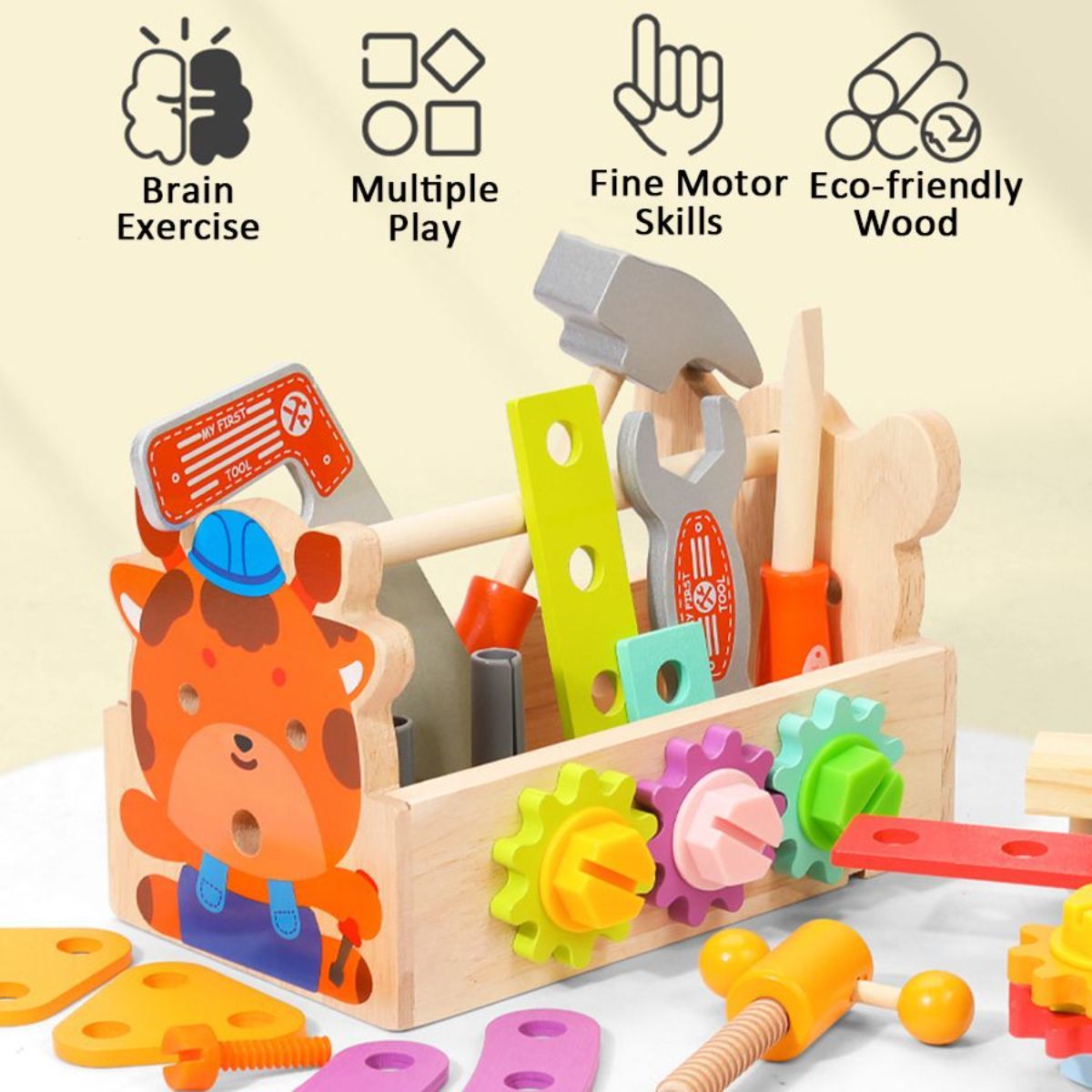 Multi functional toolbox suitable for children aged 3 to 6