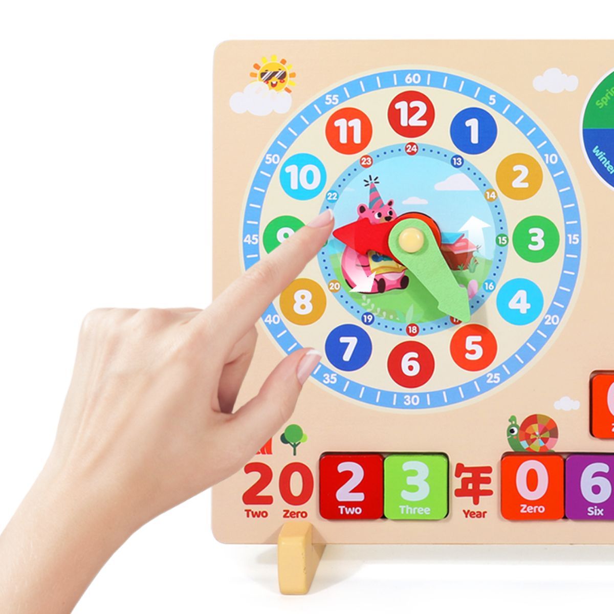 A wooden learning clock for children, suitable for kids aged 3 and up, to learn about seasons, months, days, and time. An educational toy