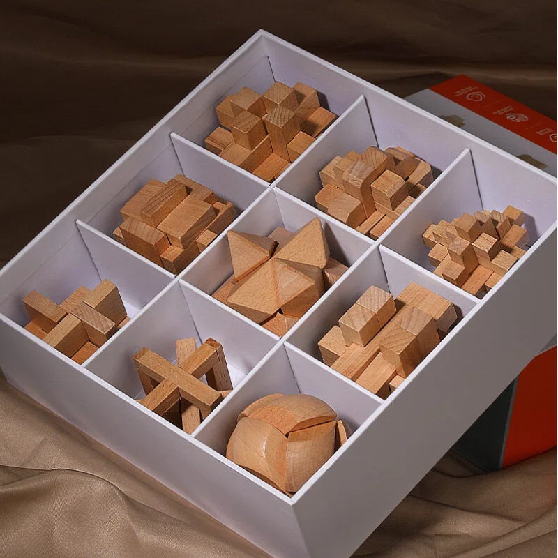 Wooden Luban Lock Brain Teaser Puzzle Set – 9-in-1 Educational Logic Gift Box