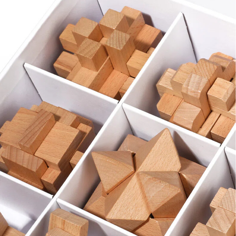 Wooden Luban Lock Brain Teaser Puzzle Set – 9-in-1 Educational Logic Gift Box