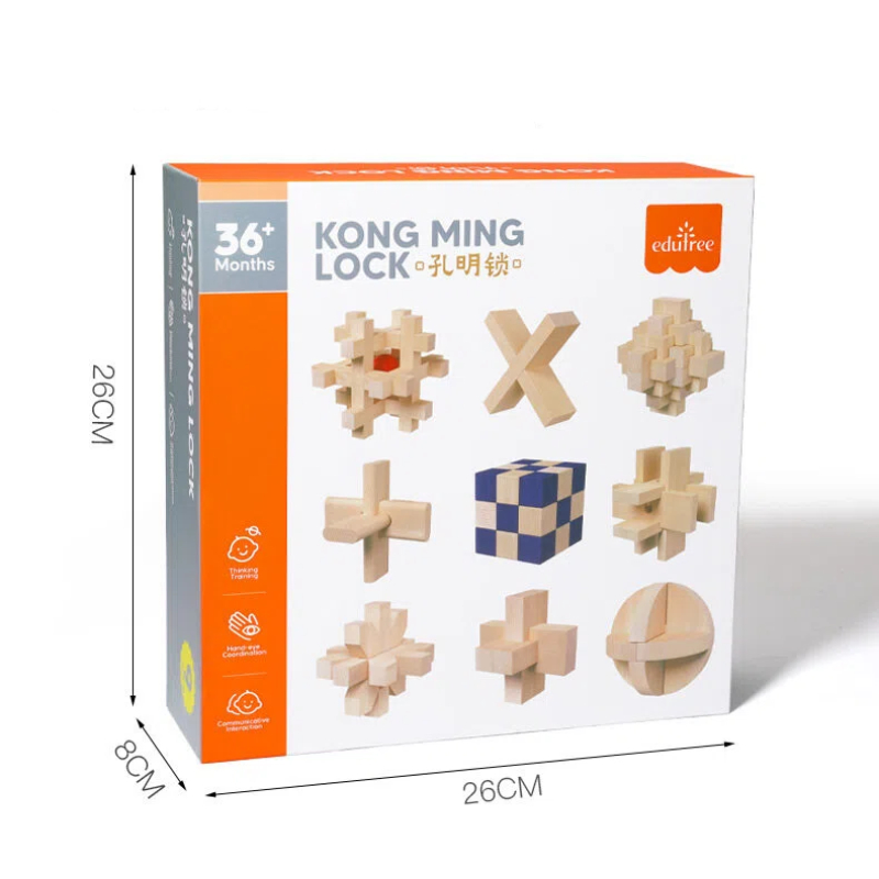 Wooden Luban Lock Brain Teaser Puzzle Set – 9-in-1 Educational Logic Gift Box