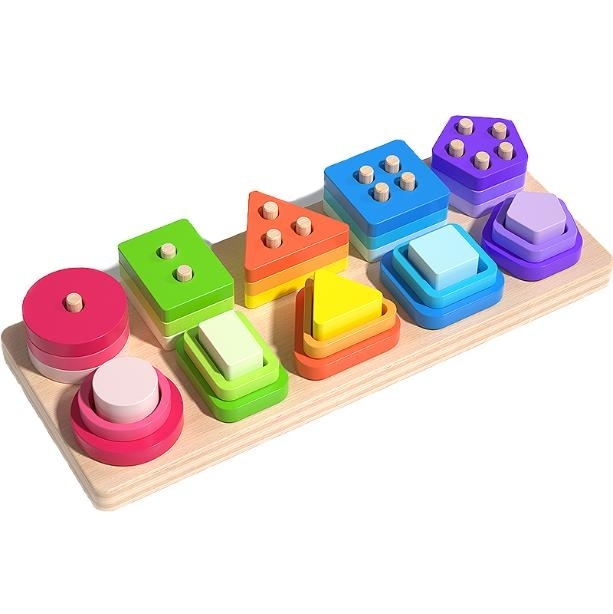 Montessori Wooden Shape Sorter & Stacking Board – Color & Shape Matching Toy