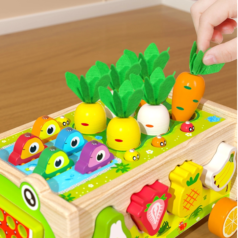 Frog Pond Farm Trailer – Multi-Game Wooden Push Cart for Fishing, Vegetable Pulling & Fruit Shape Matching