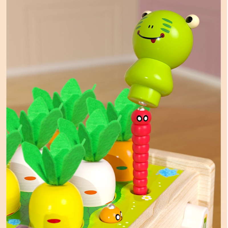 Frog Pond Farm Trailer – Multi-Game Wooden Push Cart for Fishing, Vegetable Pulling & Fruit Shape Matching