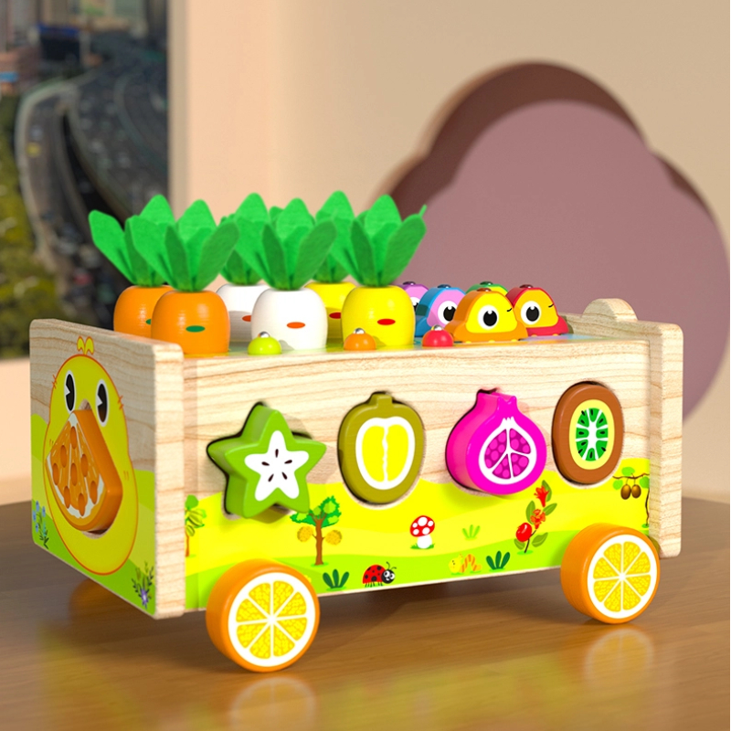 Frog Pond Farm Trailer – Multi-Game Wooden Push Cart for Fishing, Vegetable Pulling & Fruit Shape Matching