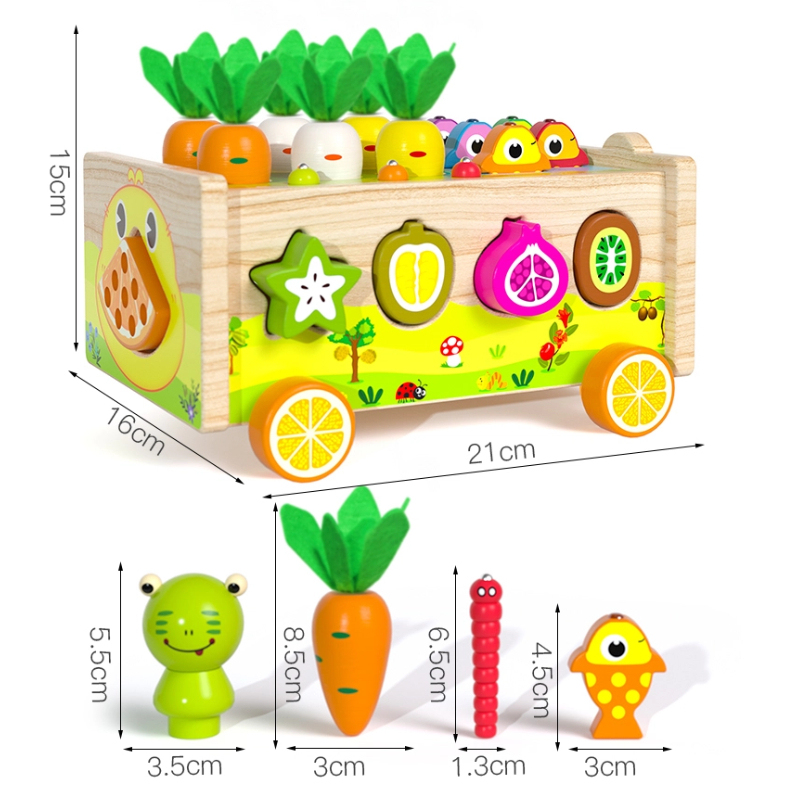 Frog Pond Farm Trailer – Multi-Game Wooden Push Cart for Fishing, Vegetable Pulling & Fruit Shape Matching