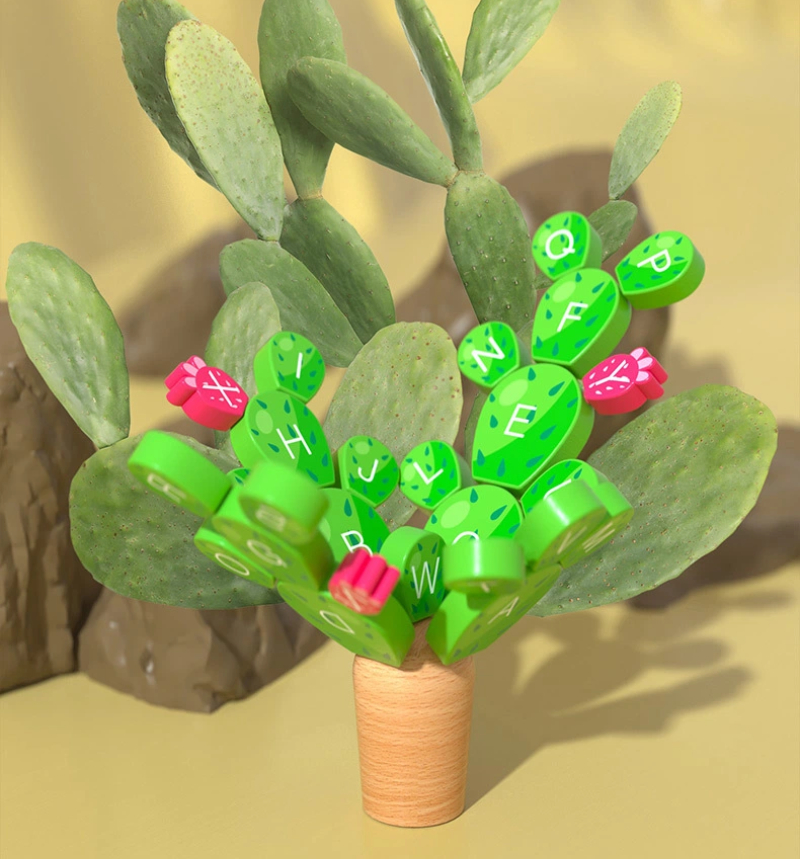 Wooden Alphabet Cactus Balancing Toy – Montessori Letter Learning Game for Kids
