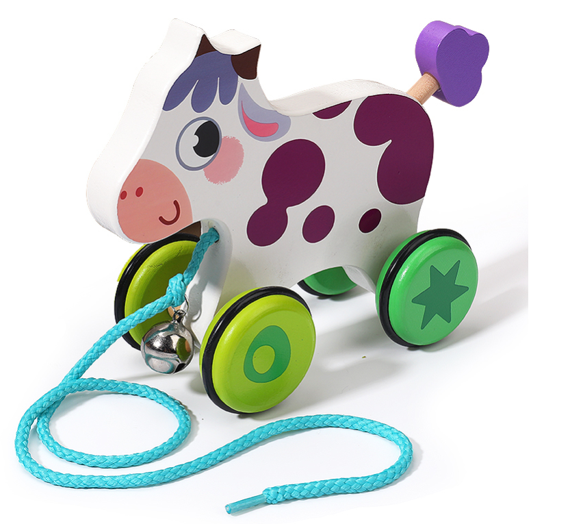 Wooden Pull-Along Cow Toy with Bell | Montessori Baby Walking Toy | Wooden Cow Car for Toddlers