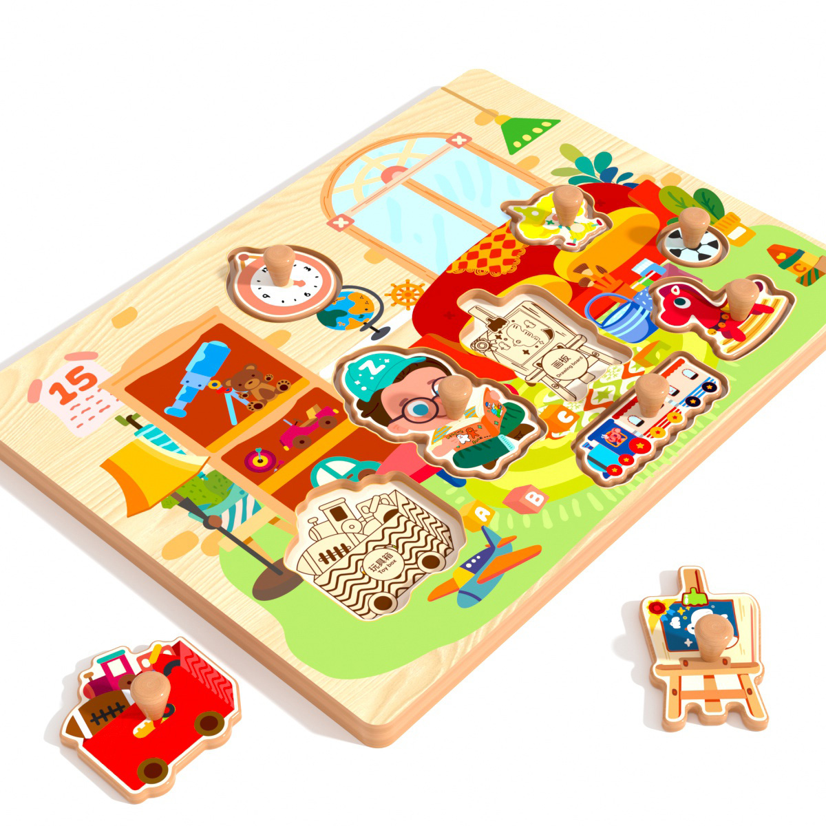 Wooden Puzzle Board with Handle – 8 Themed Pattern Options for Kids’ Learning & Play