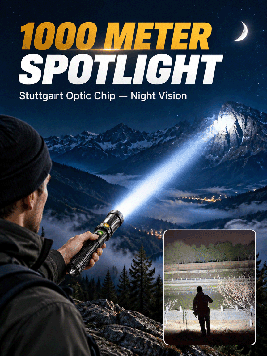 German Tactical Flashlight | 1000m Ultra Long-Range, COB Side Light, Window Breaker & IPX6 Waterproof Emergency Gear