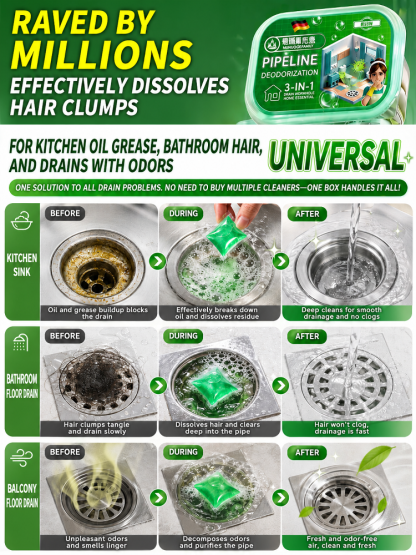 3-in-1 Pipeline Care Water-Soluble Deodorizer Beads – Unclogs, Deodorizes & Repels Drain Flies