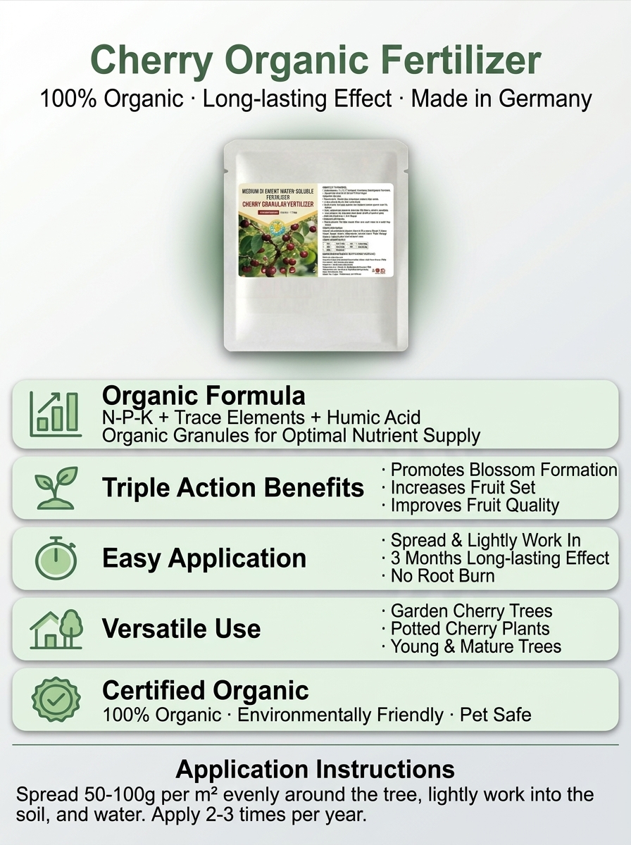 🍒 Say Goodbye to Overpriced Supermarket Cherries! 🍒USDA-Certified Fertilizer Exclusively Formulated for CherriesHigh Phosphorus & Potassium Blend Boosts FloweringWatch Your Harvest Explode!