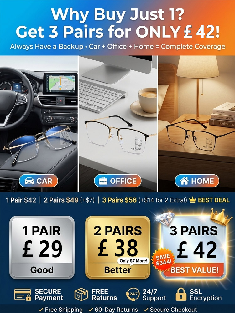  Auto-focus multifocal reading glasses, blue light blocking, 0-1000 auto-focus, doctor approved. 3 pairs for only £42!
