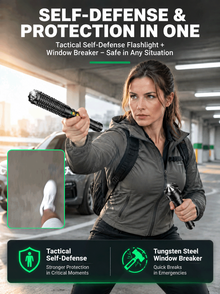 German Tactical Flashlight | 1000m Ultra Long-Range, COB Side Light, Window Breaker & IPX6 Waterproof Emergency Gear
