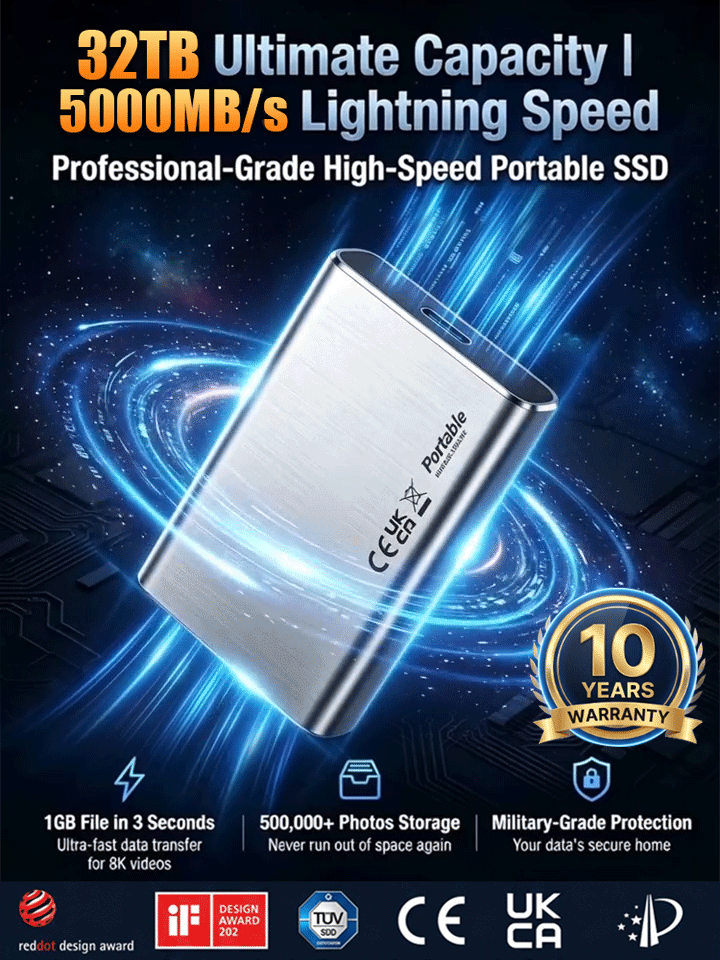 🚀 32TB Portable SSD: Plug in to transfer 1GB in 3s, No more waiting!